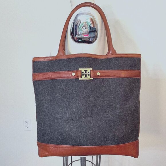 TORY BURCH charcoal grey Wool and  brown Leather Tote & Shoulder Bag EUC - Picture 1 of 4